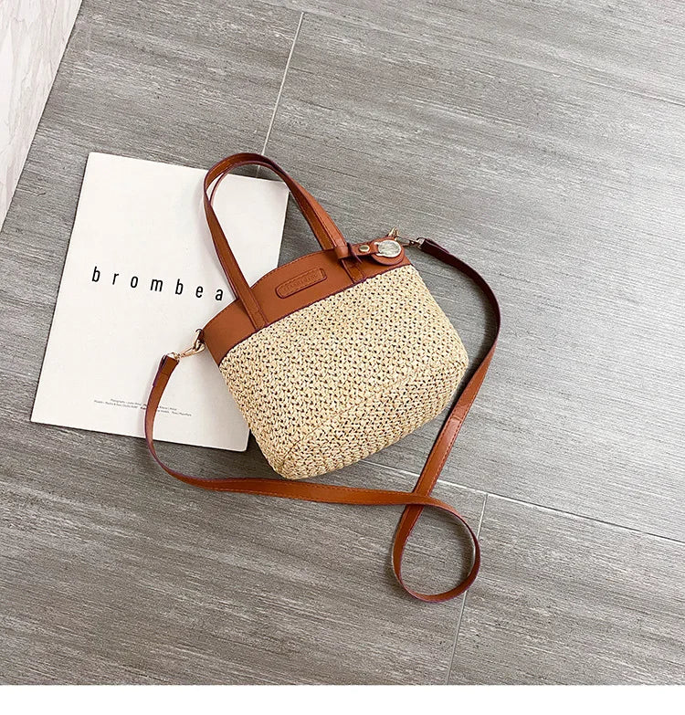 Rattan Style Hand Bag with Shoulder and Crossbody Strap