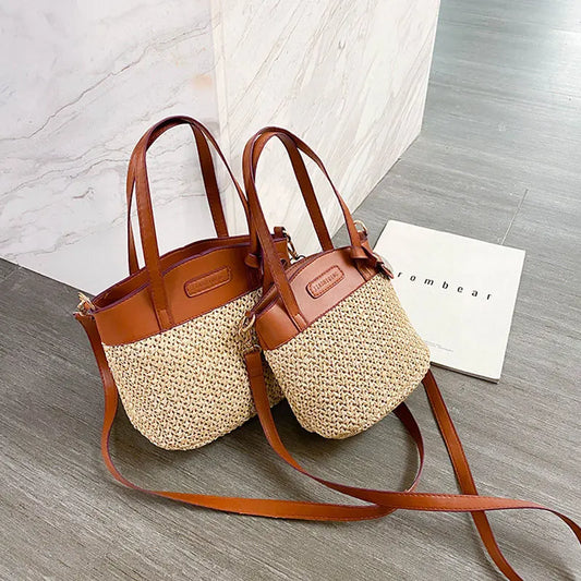 Rattan Style Hand Bag with Shoulder and Crossbody Strap