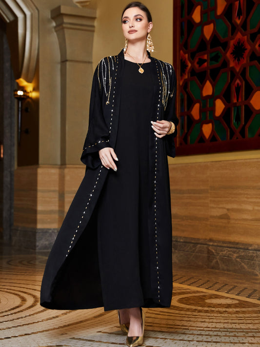 Black Open Abaya with Shiny Beads