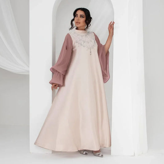 Dusty Pink Eid Abaya with Puff Organza Sleeves