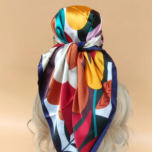 Silk Printed Head Scarf showcasing artistic abstract print.