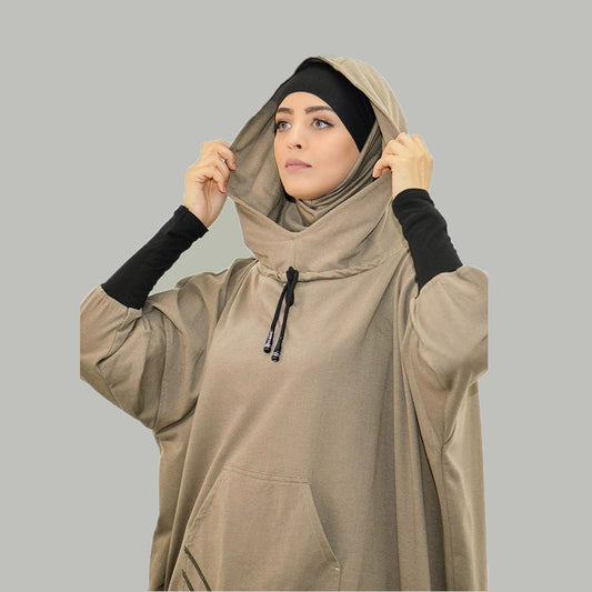 Woman in Brown Long Style Modest Workout Clothing with Hoodie