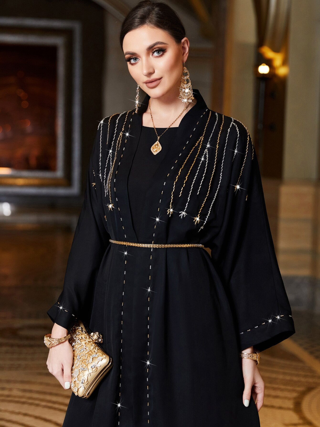 Black Open Abaya with Shiny Beads