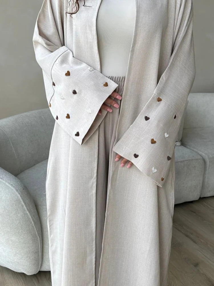 Open Kimono Abaya with Embroidered Heart Sleeves