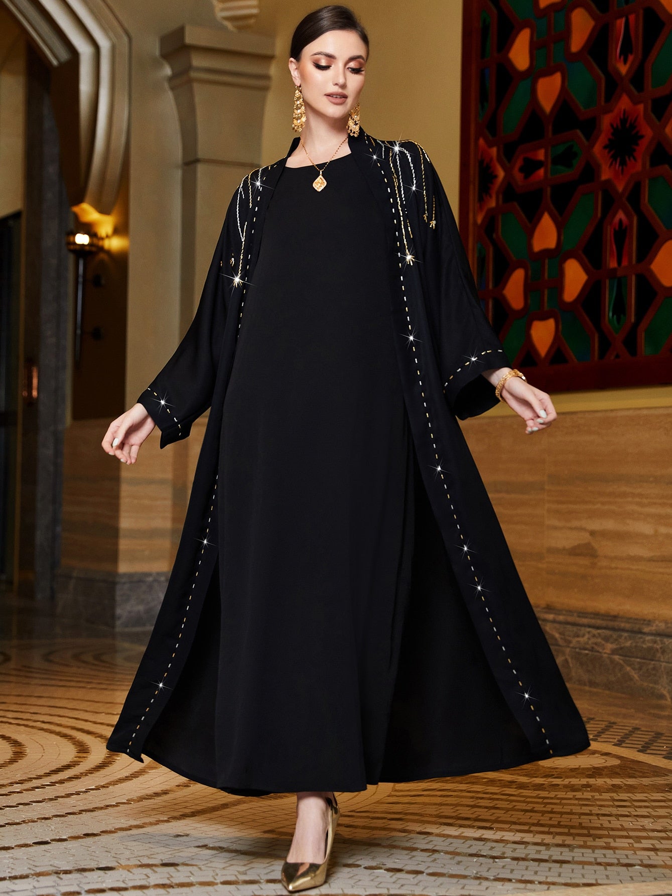 Black Open Abaya with Shiny Beads