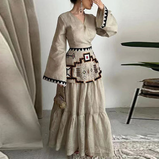 Vintage Elegance: Knitted 2 Piece Set Modest Maxi Dress in camel brown