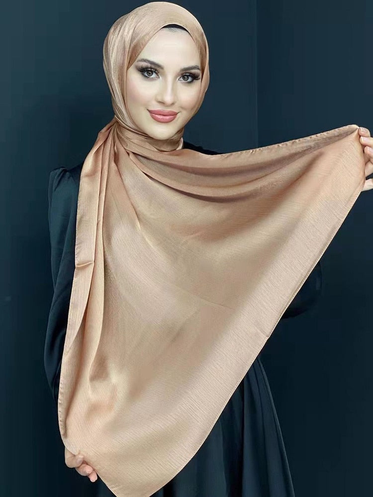 Model Radiating Confidence in the Glossy Silk Head Scarf brown