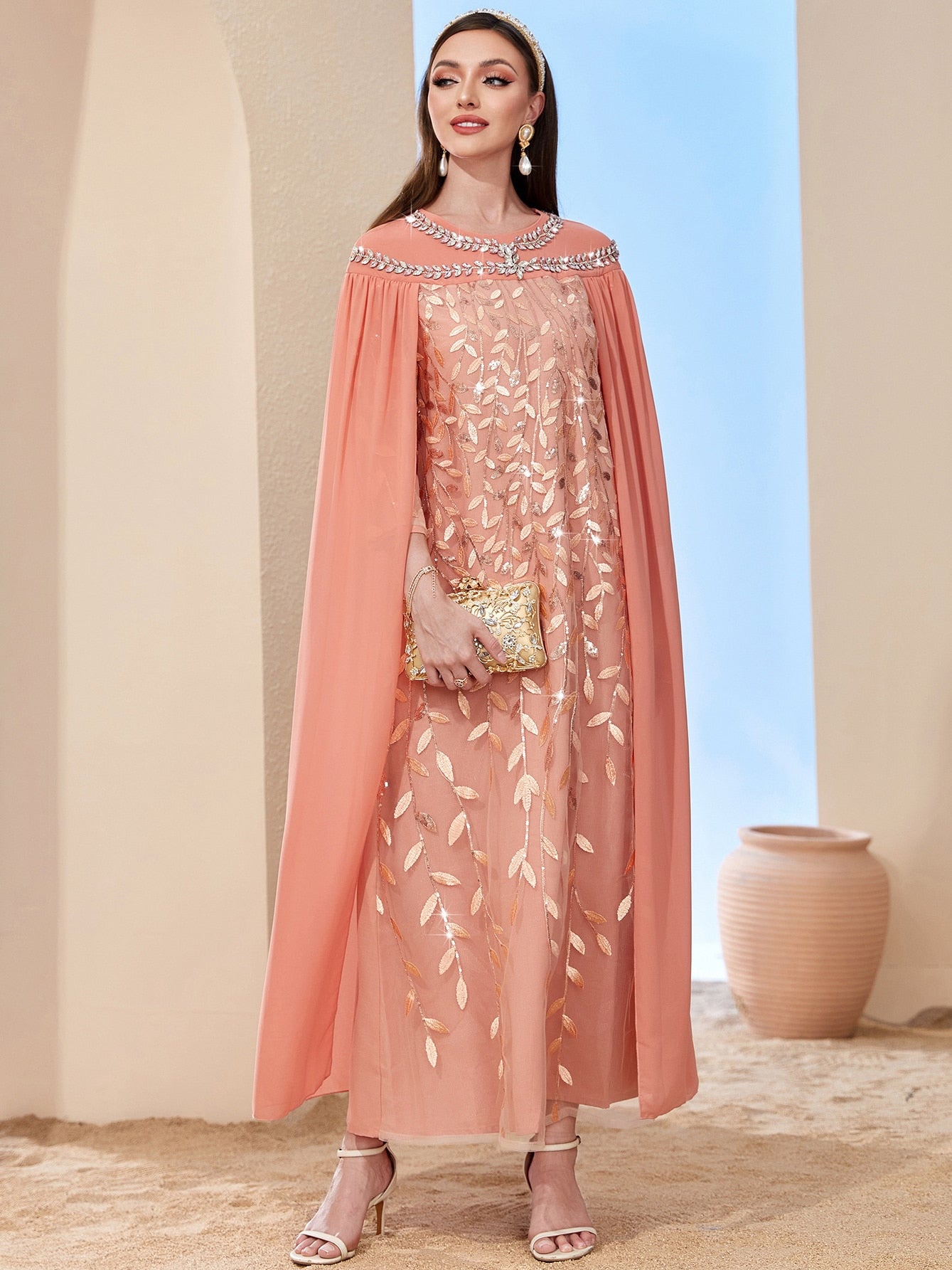 Model Embracing the Unique Style of the Luxury Diamond Abayas with Cape