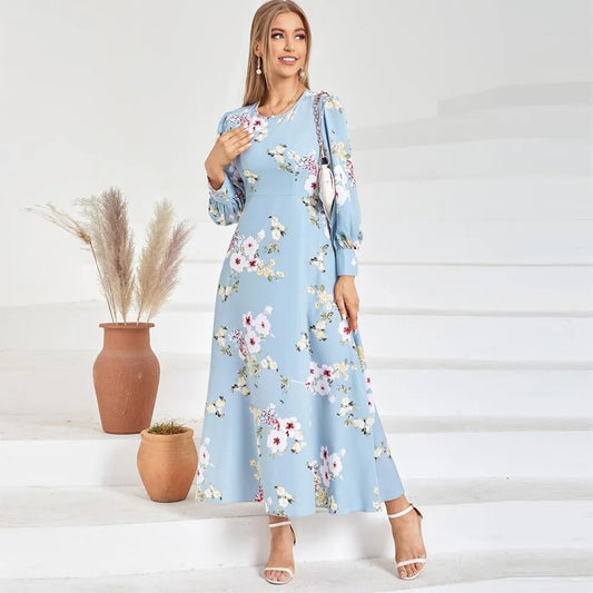 Elegance in Blue: Baby Blue Floral Maxi Dress with Long Sleeves