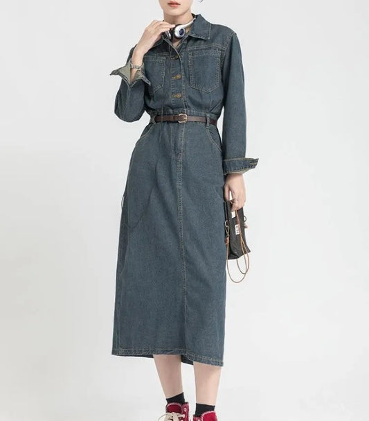 Casual Open Button Style Maxi Denim Dress in denim color.